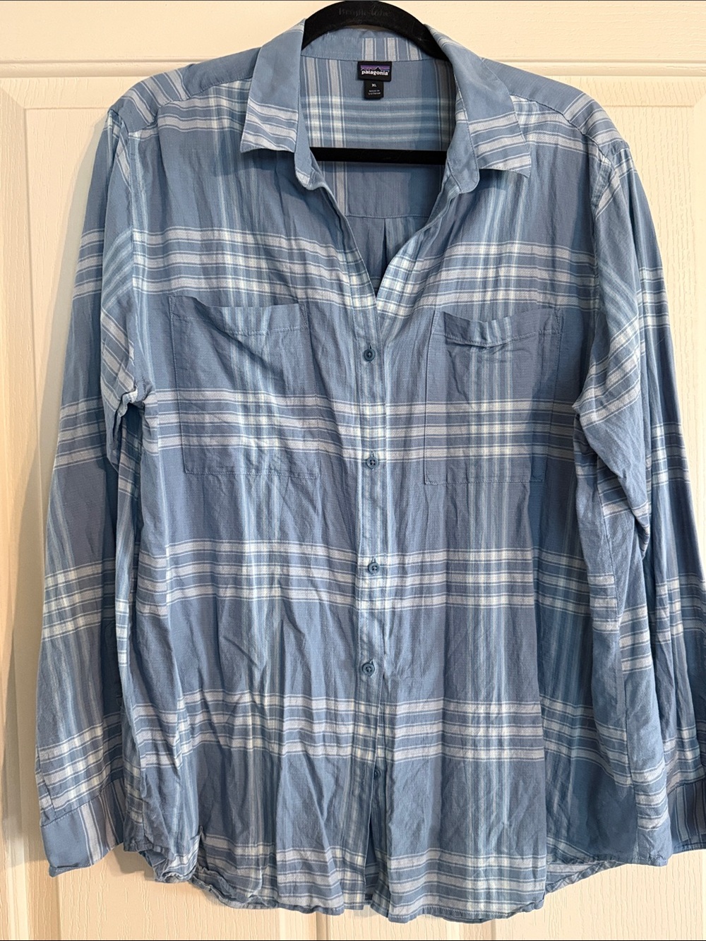 Patagonia Light Blue and White Plaid Button-Up Bodysuit - Women's
